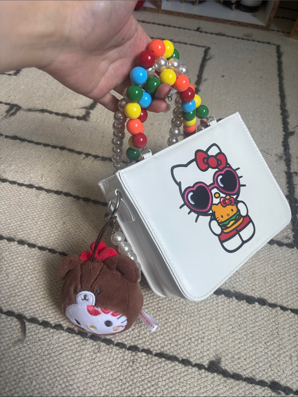 Hello Kitty White Crossbody Bag with Rainbow Beaded Handle and Plush Charm